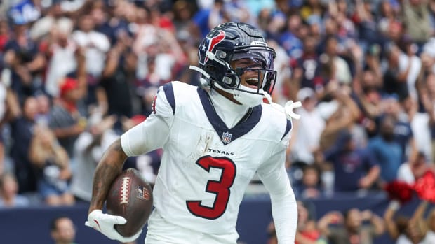 Sep 17, 2023; Houston, Texas, USA; Houston Texans wide receiver Tank Dell (3) shouts after scoring a touchdown during the fourth quarter against the Indianapolis Colts at NRG Stadium. Mandatory Credit: Troy Taormina-USA TODAY Sports